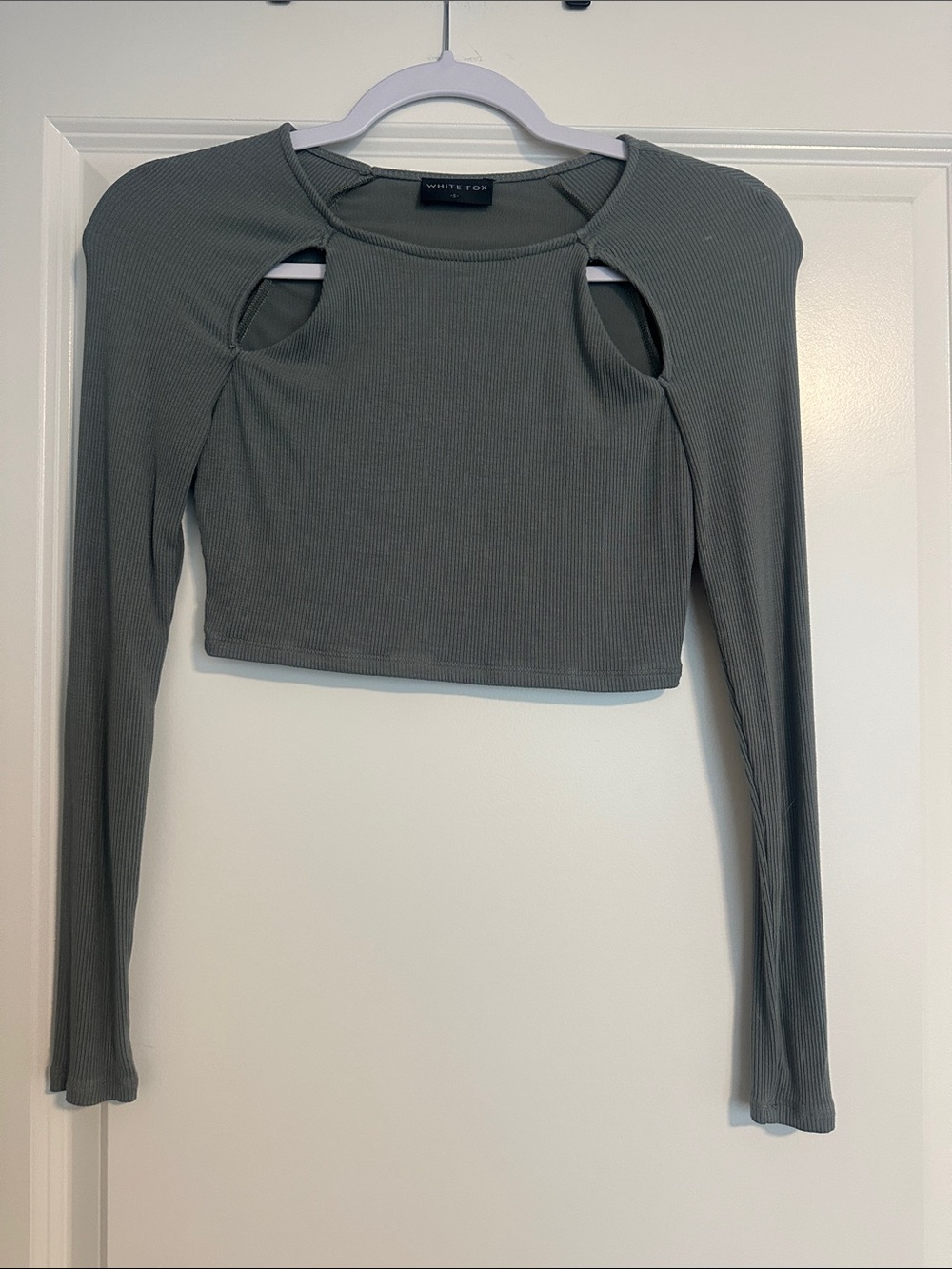 White Fox Boutique Olive Ribbed Cutout Long Sleeve Crop Top